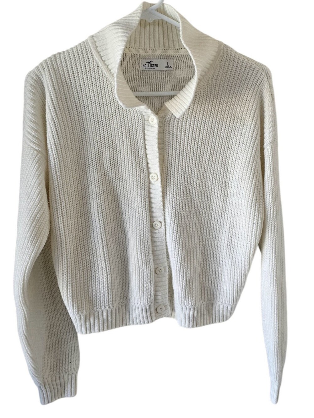 Hollister White Ribbed Cropped Polo Button Down  Sweater Size L
